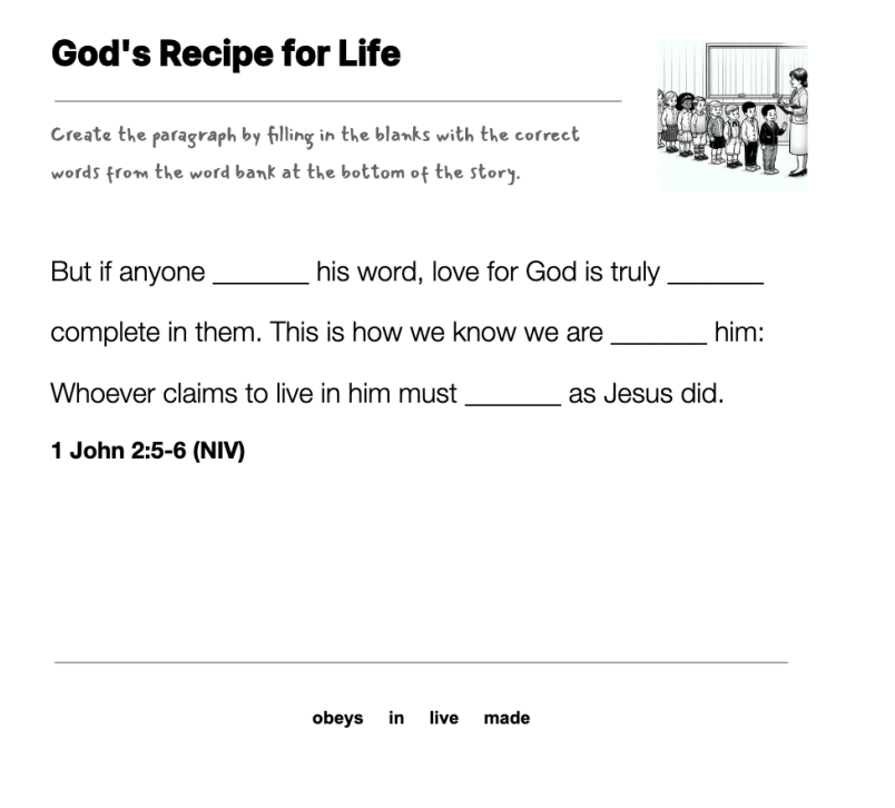 God's Recipe for Life fill-in-the-blank